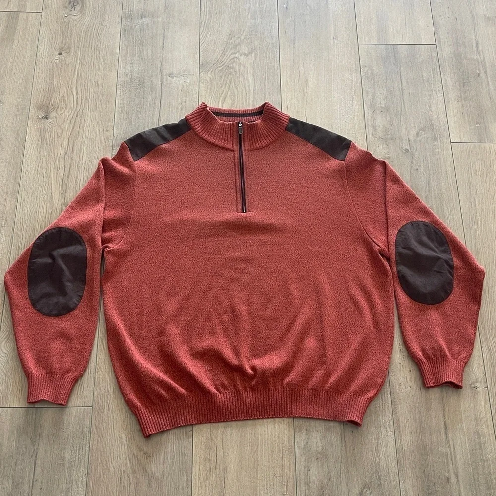 St Croix Quarter Zip Pullover Sweater Size L Wool Blend Orange Brown Elbow Patch